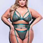 3 Piece Green Strappy Bra, Garter & Panty Set - Sexdoll.Sex