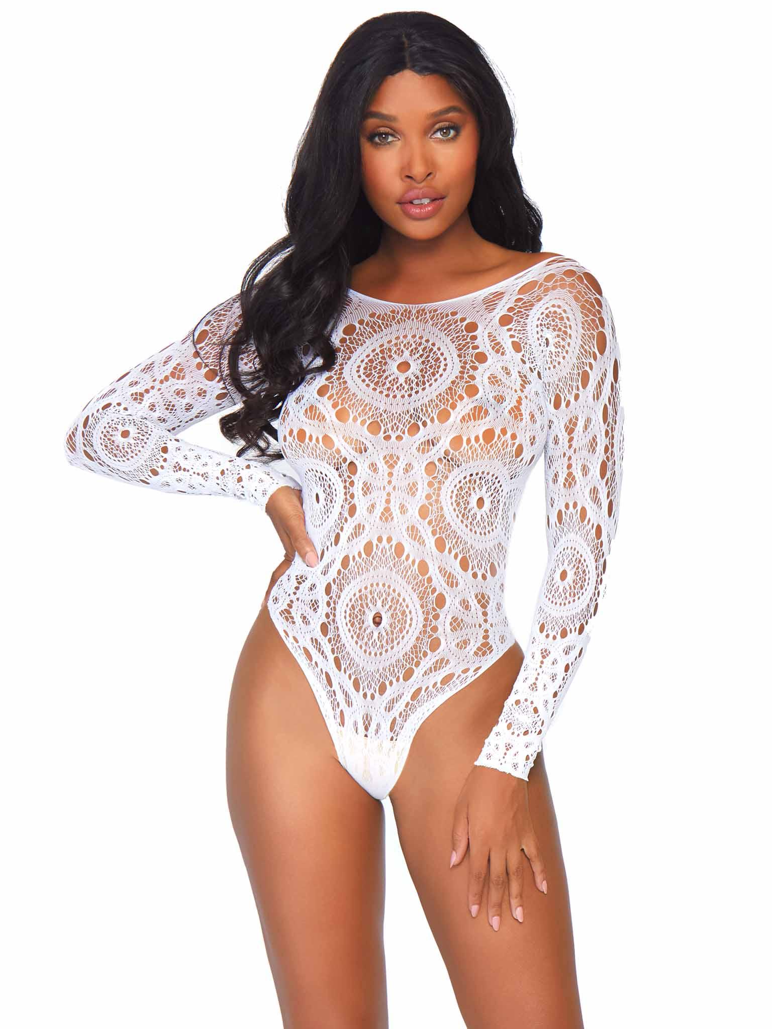 Crochet Lace Long Sleeved Teddy Bodysuit - Sexdoll.Sex