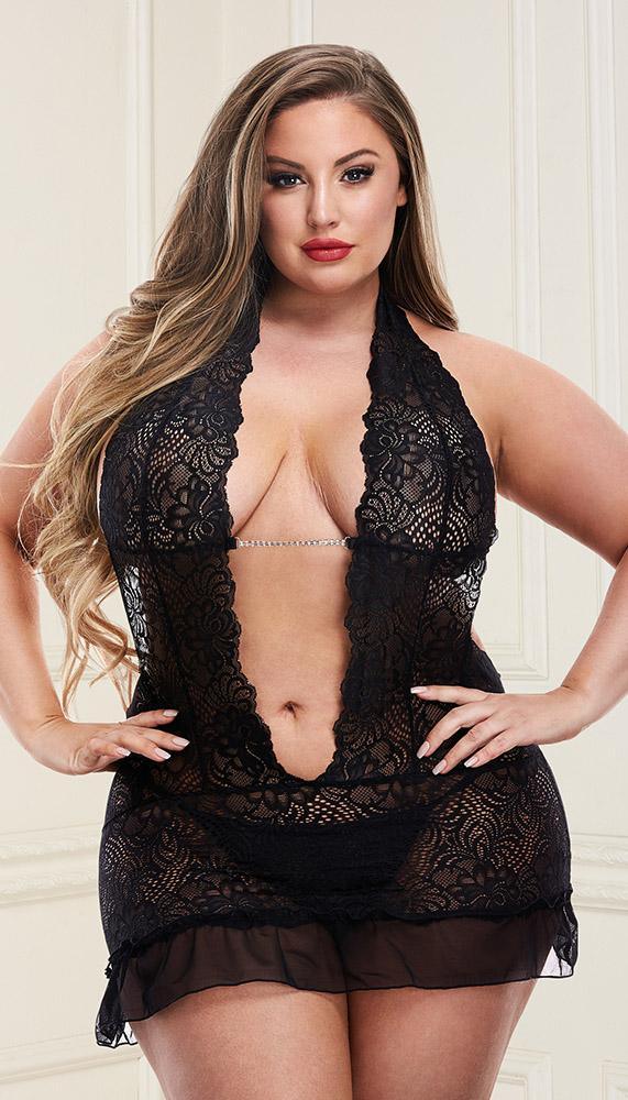 Deep Plunge Lace Chemise and G-String Set - Sexdoll.Sex