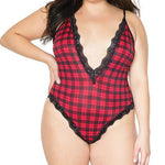 Deep V Neck Plaid Teddy With Scallop Lace Trim - Sexdoll.Sex