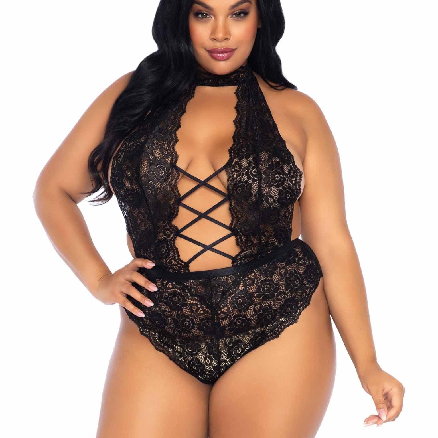 High Neck Floral Lace Crotchless Teddy - Sexdoll.Sex