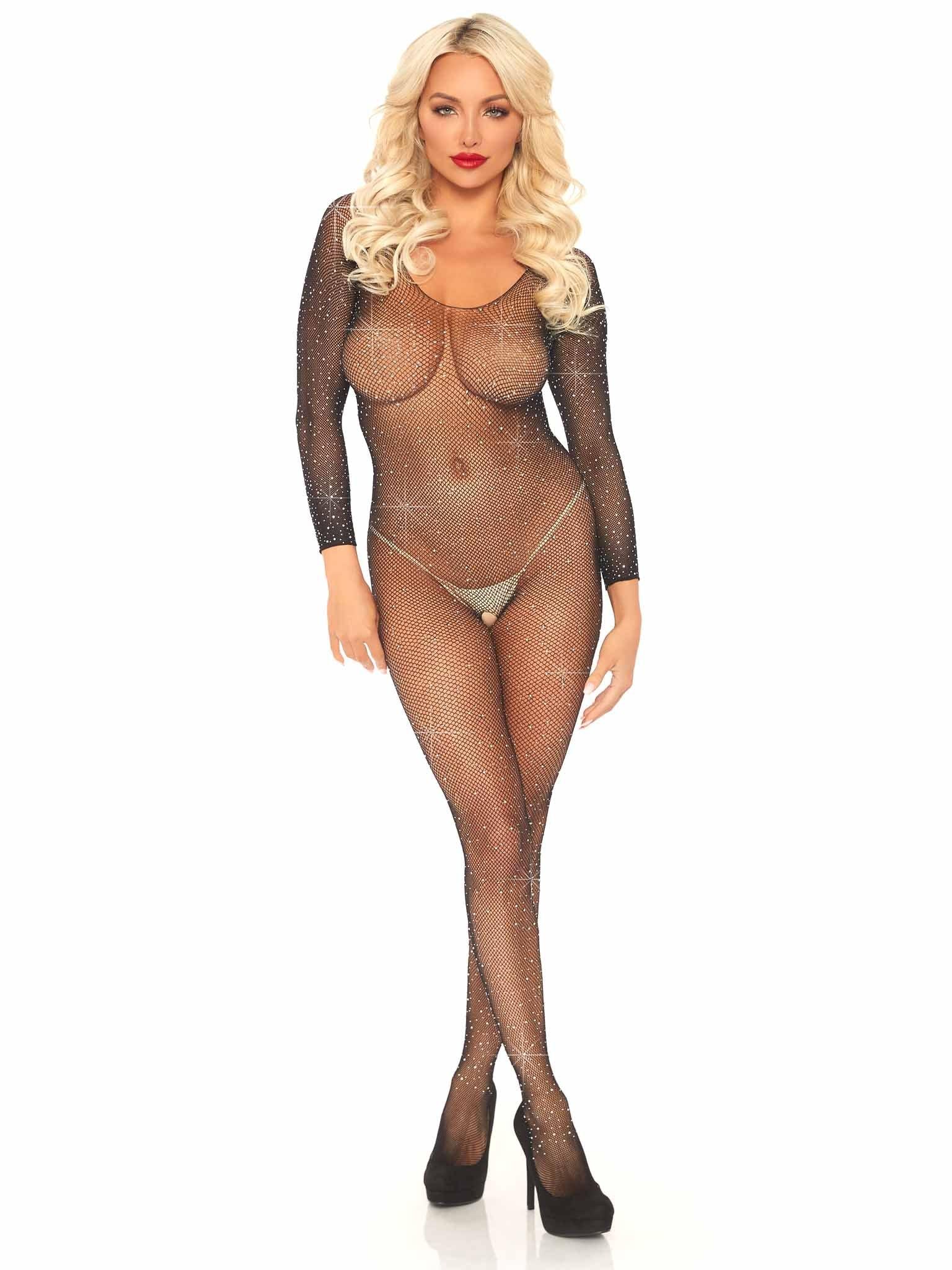 Leg Avenue Fishnet Rhinestone Crotchless Bodystocking - Sexdoll.Sex