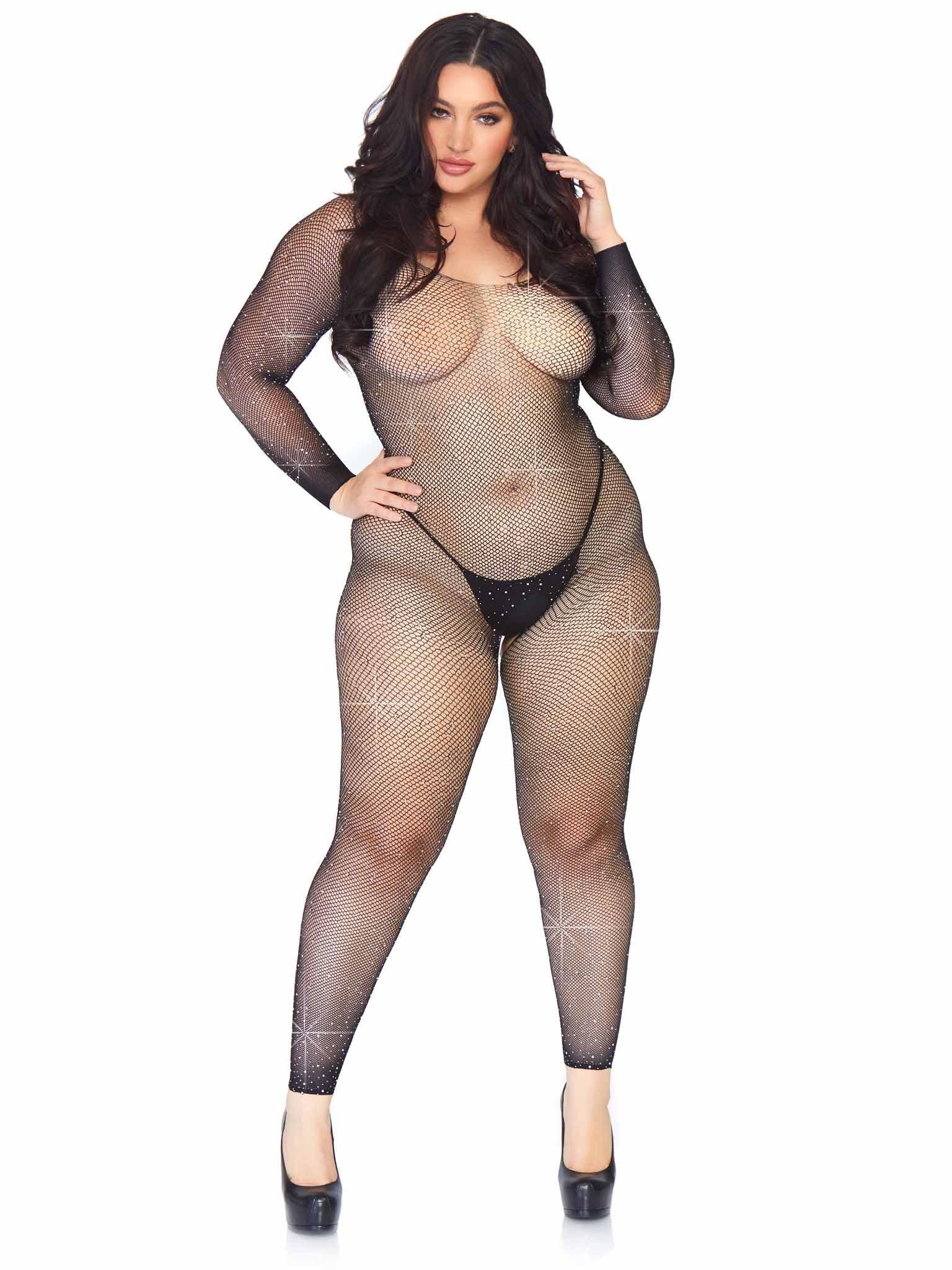 Leg Avenue Fishnet Rhinestone Crotchless Bodystocking - Sexdoll.Sex