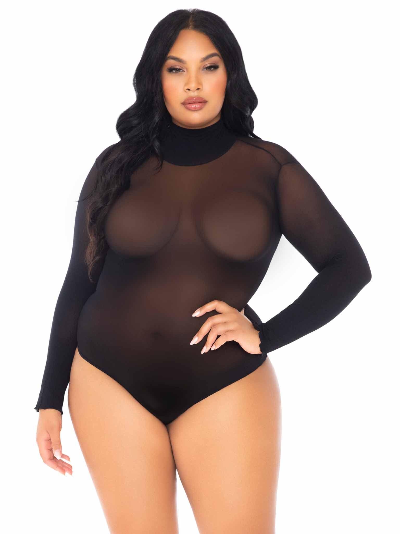 Leg Avenue Sheer High Neck Long Sleeved Bodysuit - Sexdoll.Sex