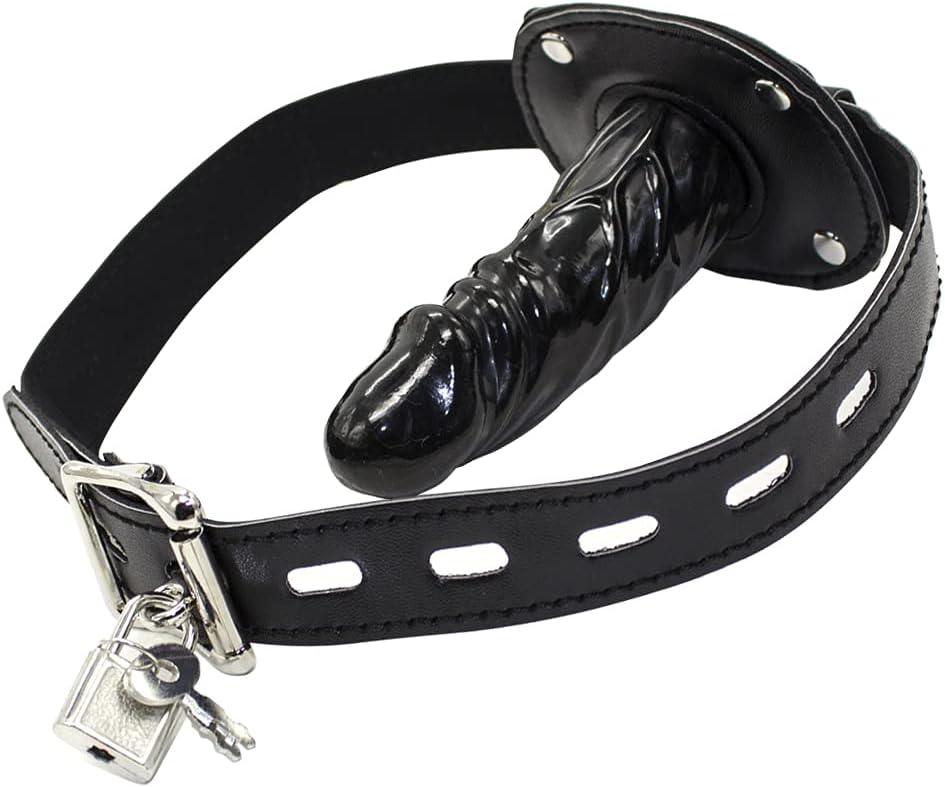 Lockable Dildo Mouth Gag SM Fantasy Sex Toy - Adjustable Leather Strap On - Sexdoll.Sex