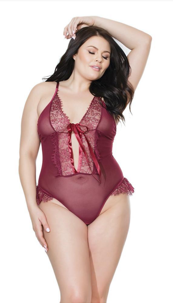 Merlot Fine Lace & Mesh Crotchless Teddy - Sexdoll.Sex