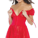 Naughty Red Lace Off The Shoulder Babydoll & G-String Set - Sexdoll.Sex