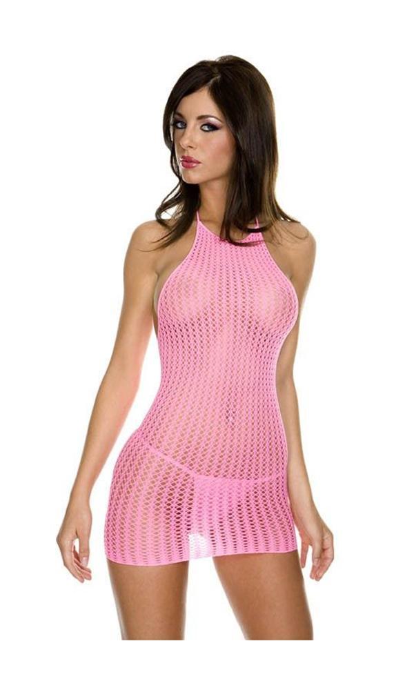 Pink Halter Crotchet Mini Dress & G-String Lingerie Set - Sexdoll.Sex