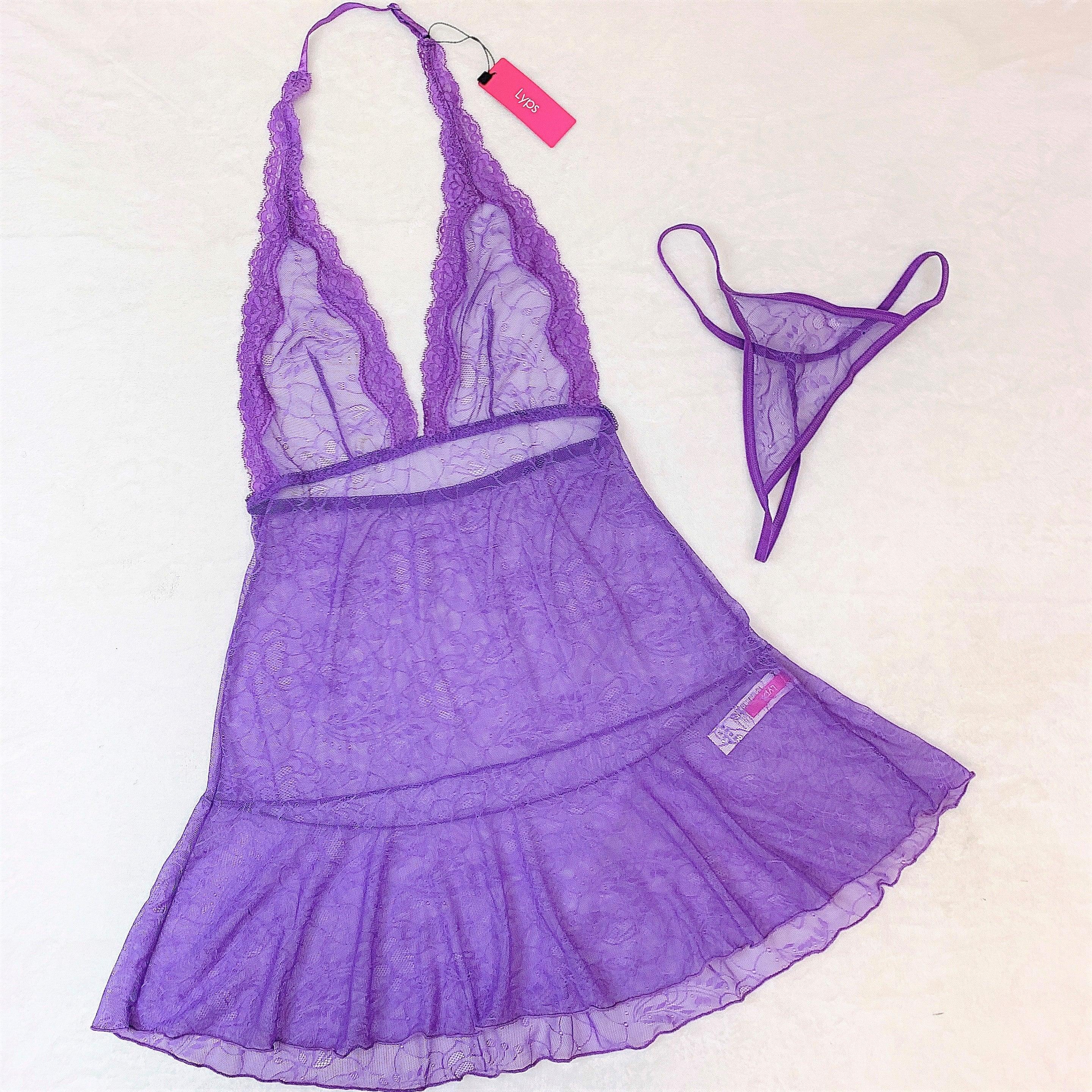 Purple Lace Halter Chemise Lingerie Set - Alluring Sophistication - Sexdoll.Sex