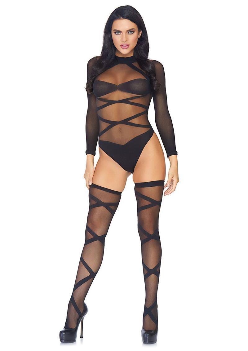 Sheer Criss Cross Teddy and Matching Thigh High Set - Sexdoll.Sex