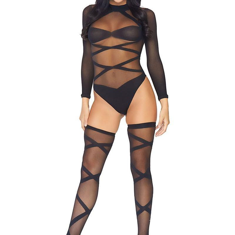 Sheer Criss Cross Teddy and Matching Thigh High Set - Sexdoll.Sex