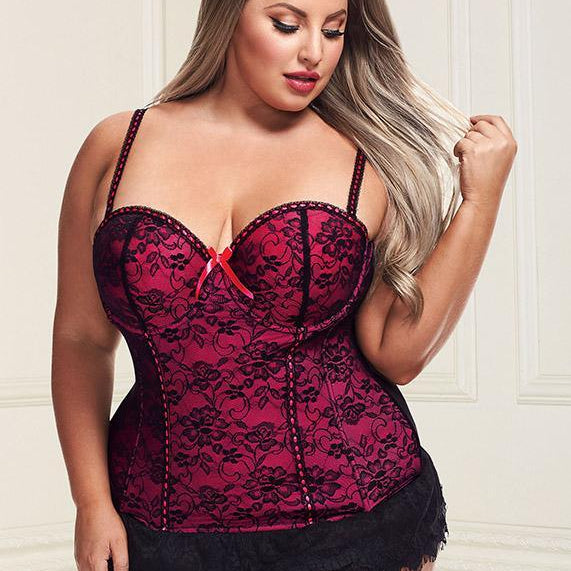 Underwire Bustier Set with Lace Overlay and Contoured Waist-Boning - Sexdoll.Sex