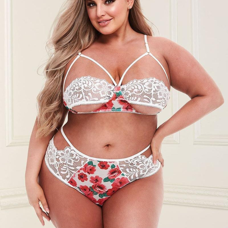 White Floral & Lace Cutout Lingerie Set - Sexdoll.Sex