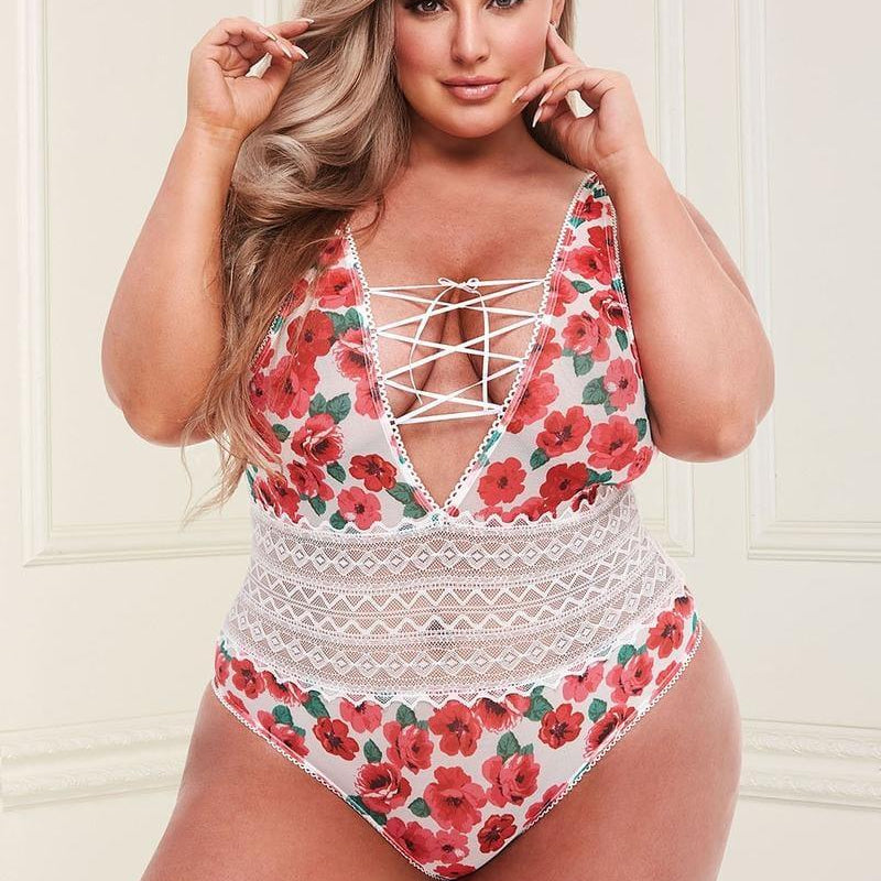 White Floral & Lace Teddy With Lace-Up Front - Sexdoll.Sex